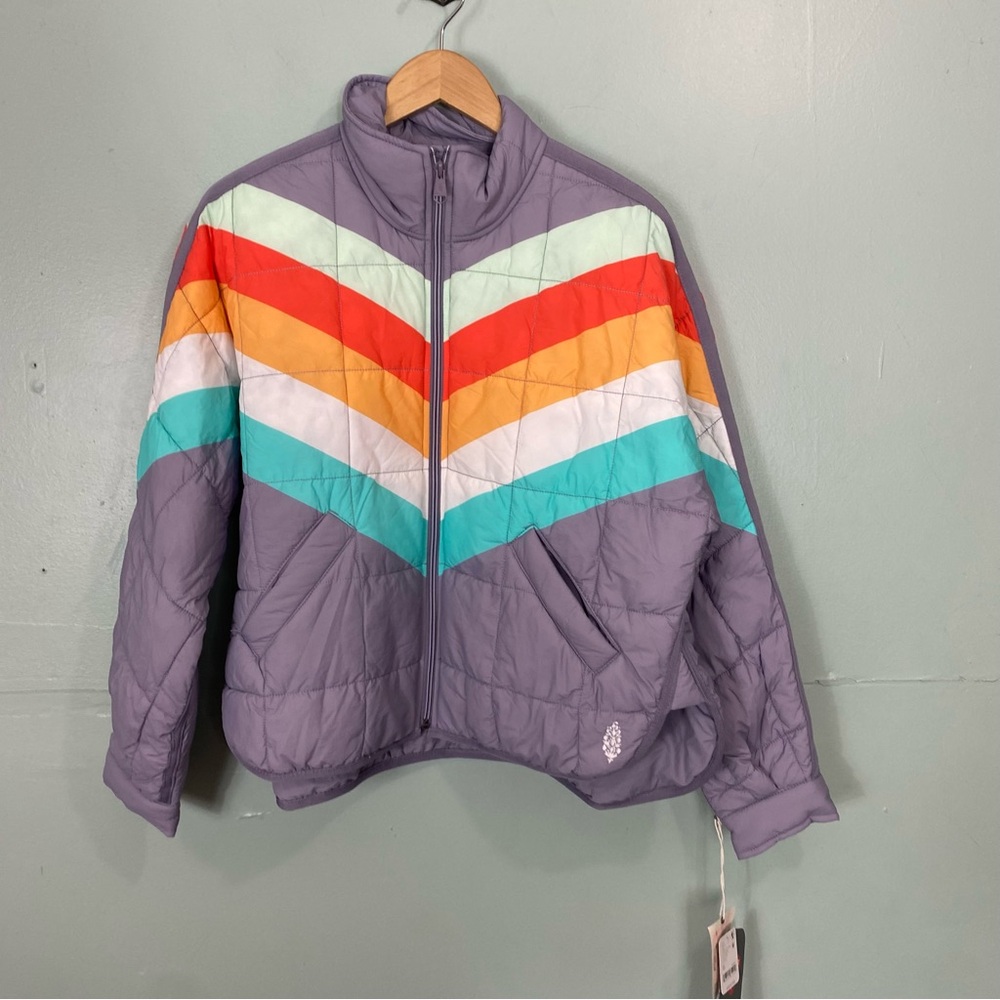 Free People Pippa Printed Packable Puffer Jacket Steel Peach Combo XS - Picture 2 of 5